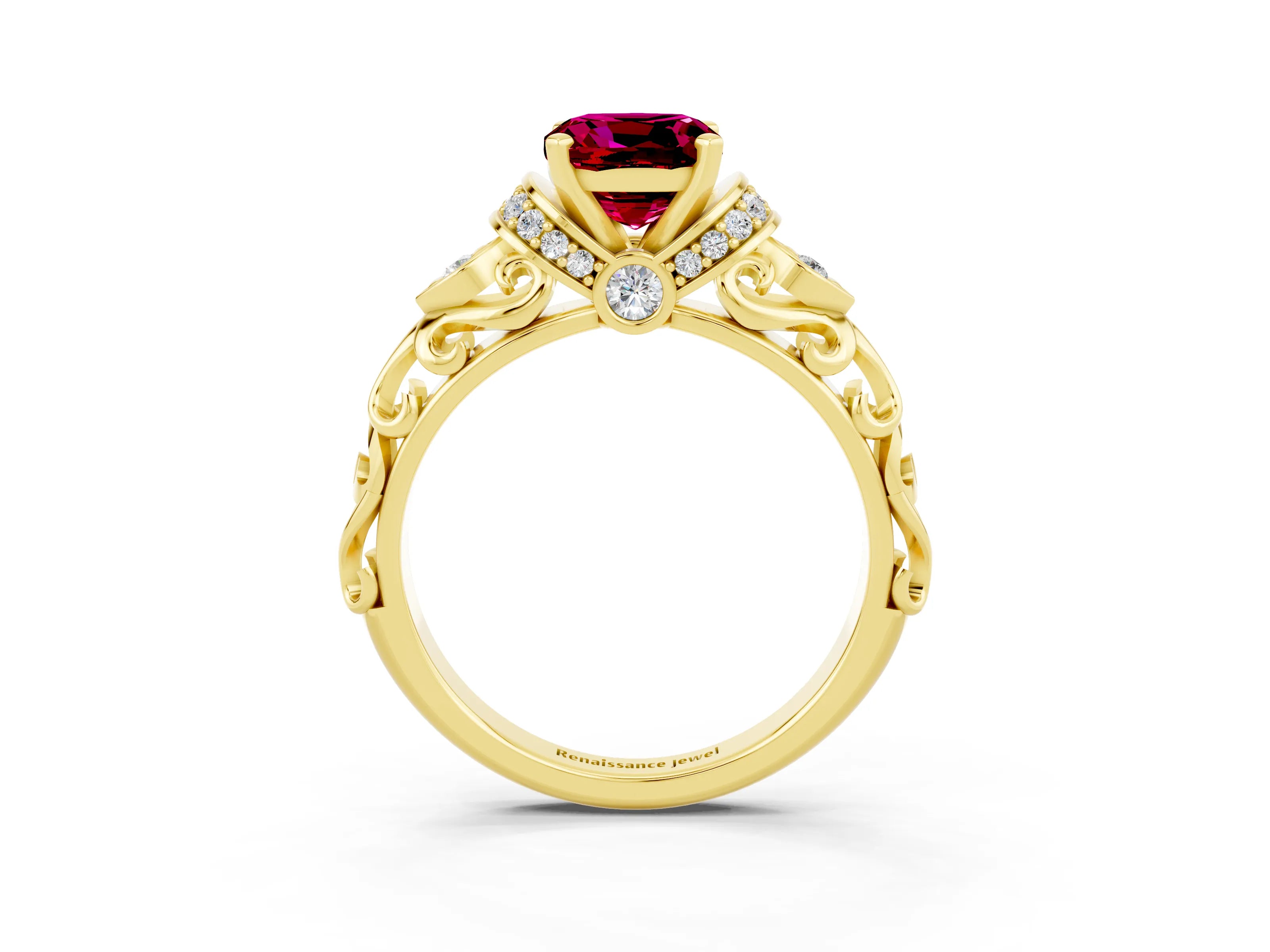 Yellow gold Cushion Cut Garnet Solitaire Ring with Filigree Band and Four-Prong Setting_27