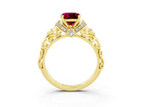 Yellow gold Cushion Cut Garnet Solitaire Ring with Filigree Band and Four-Prong Setting_27