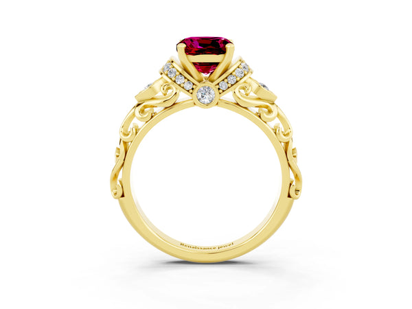 Yellow gold Cushion Cut Garnet Solitaire Ring with Filigree Band and Four-Prong Setting