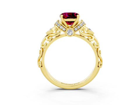 Yellow gold Cushion Cut Garnet Solitaire Ring with Filigree Band and Four-Prong Setting_27