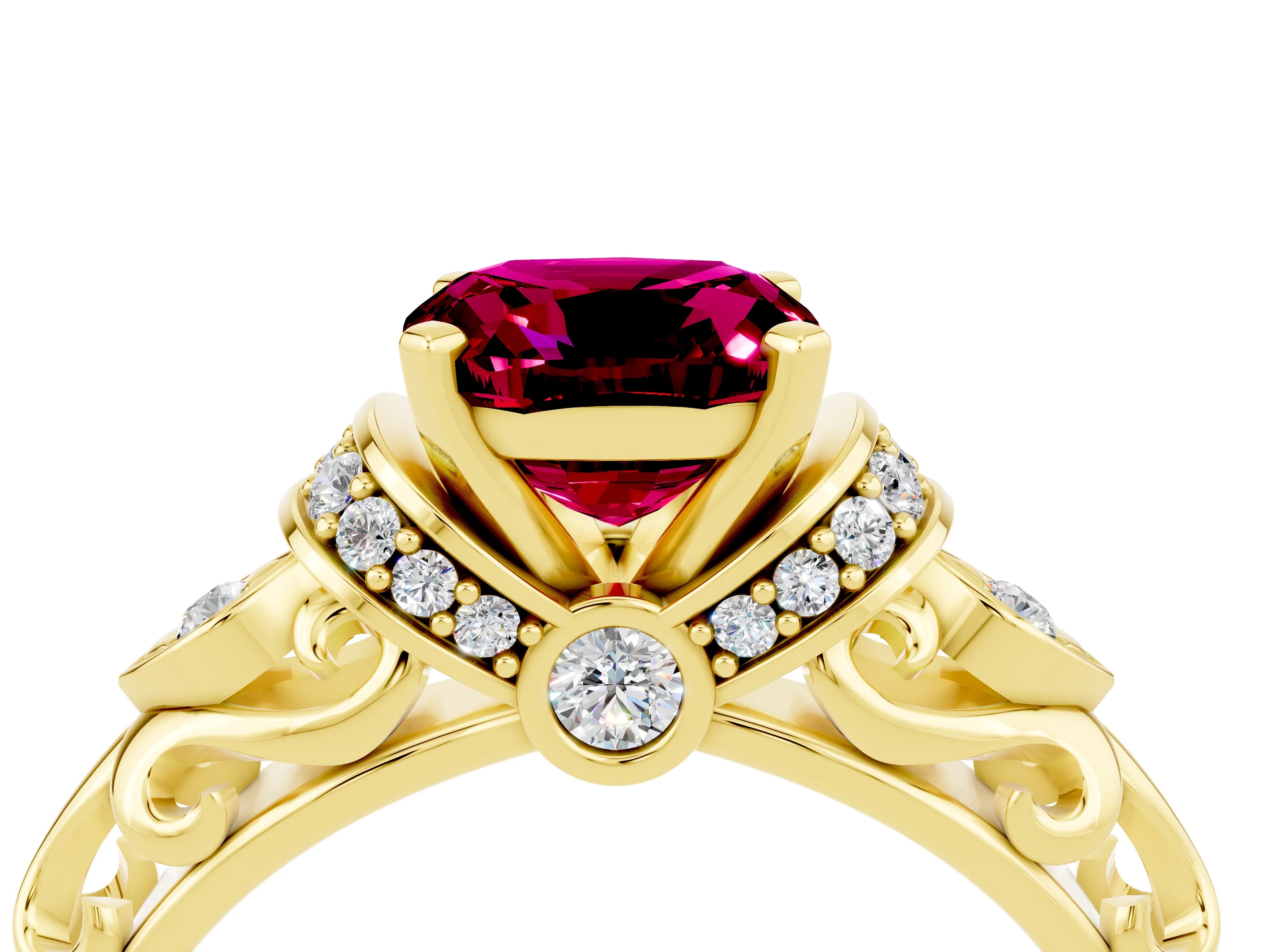 Yellow gold Cushion Cut Garnet Solitaire Ring with Filigree Band and Four-Prong Setting_28