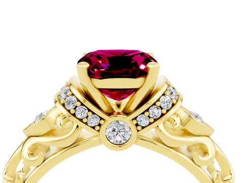 Yellow gold Cushion Cut Garnet Solitaire Ring with Filigree Band and Four-Prong Setting_28
