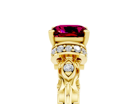 Yellow gold Cushion Cut Garnet Solitaire Ring with Filigree Band and Four-Prong Setting_29