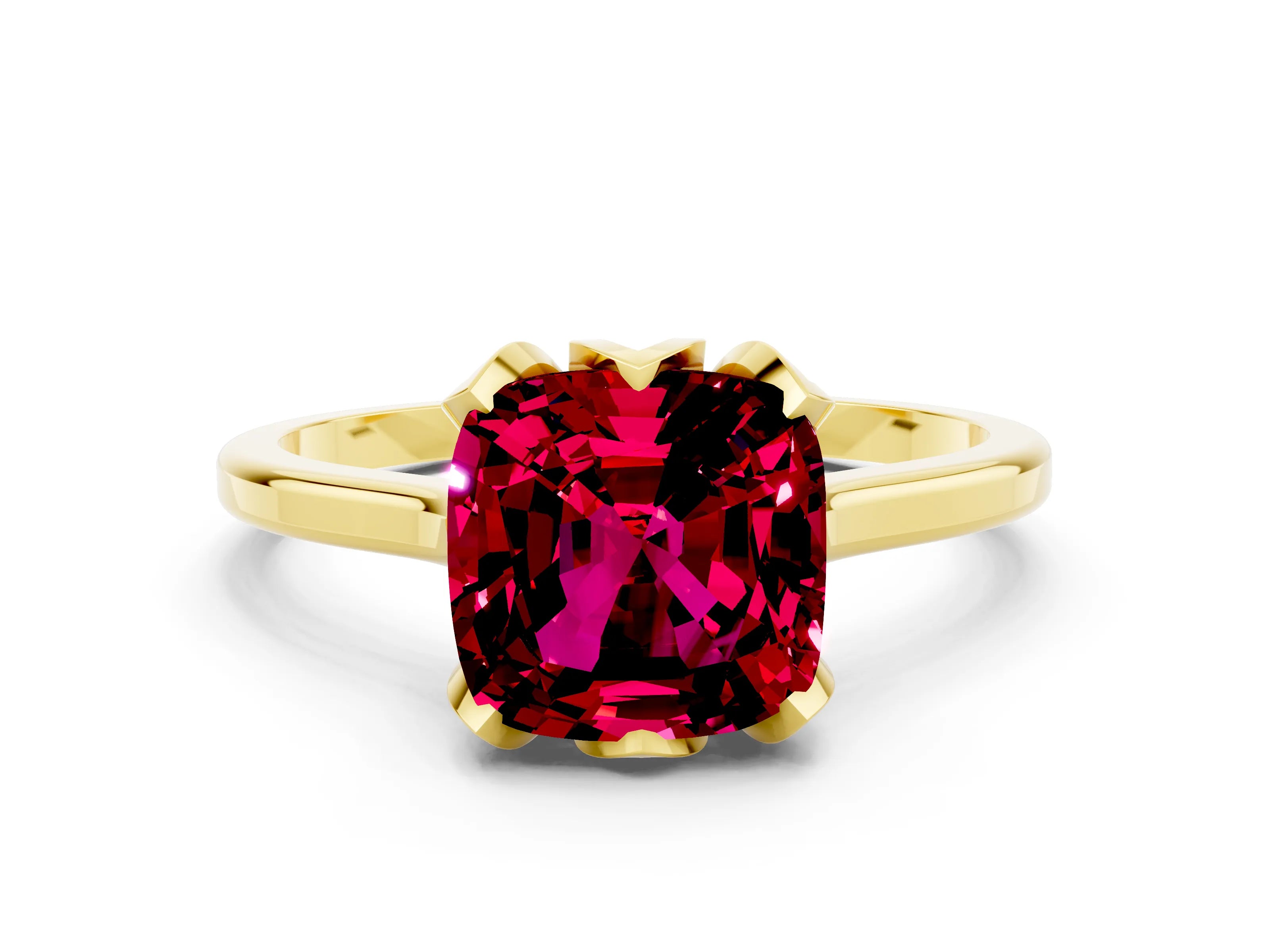 Yellow gold Cushion Cut Garnet Solitaire Ring with Flower Prong Setting and Classic Band_12