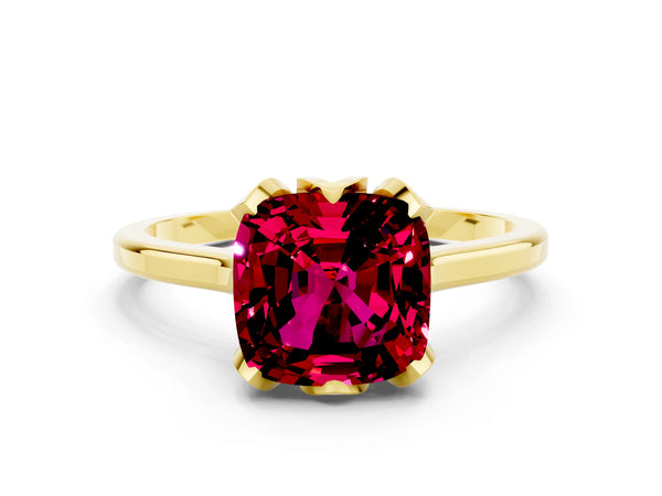 Yellow gold Cushion Cut Garnet Solitaire Ring with Flower Prong Setting and Classic Band