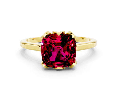 Yellow gold Cushion Cut Garnet Solitaire Ring with Flower Prong Setting and Classic Band_12