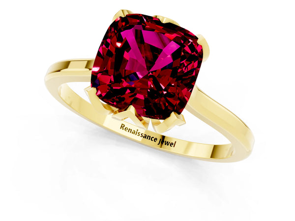 Yellow gold Cushion Cut Garnet Solitaire Ring with Flower Prong Setting and Classic Band