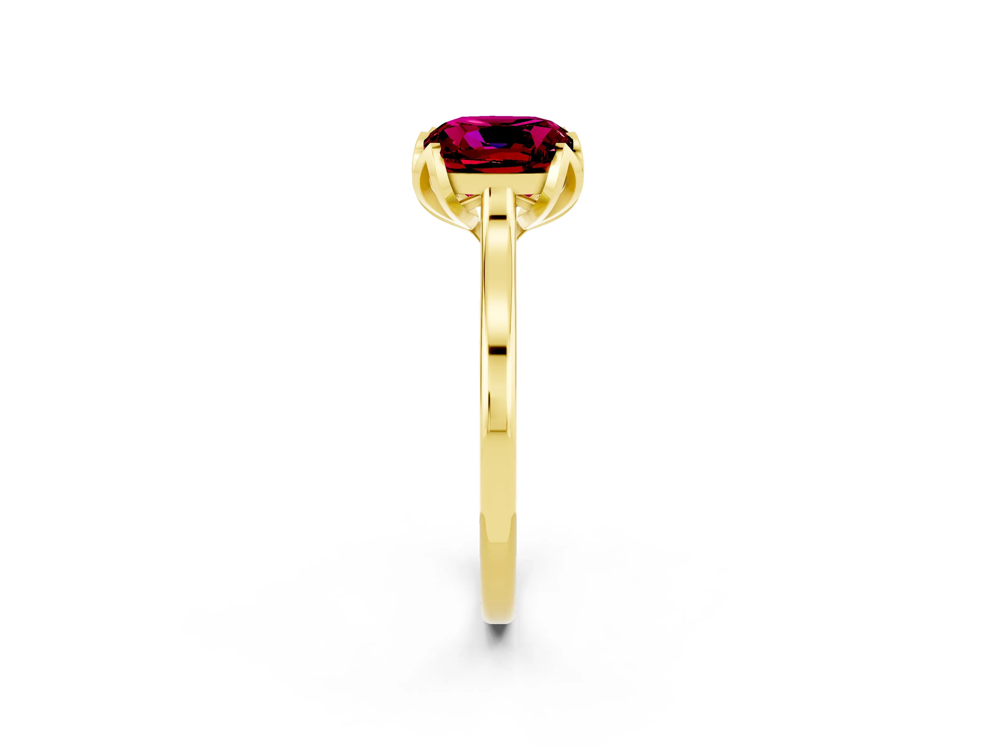Yellow gold Cushion Cut Garnet Solitaire Ring with Flower Prong Setting and Classic Band_14