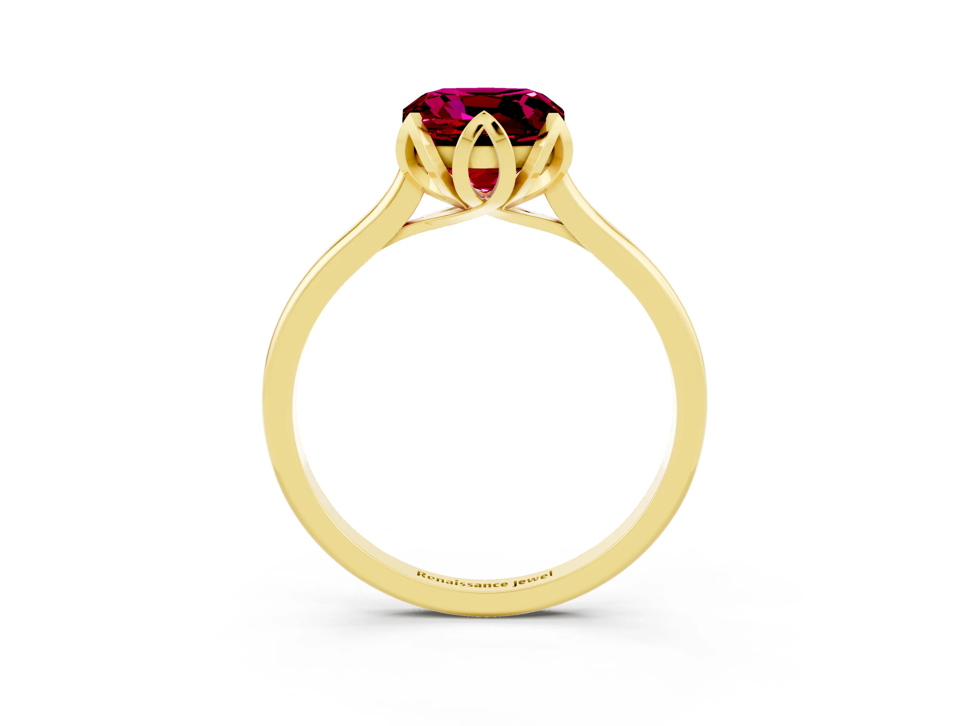 Yellow gold Cushion Cut Garnet Solitaire Ring with Flower Prong Setting and Classic Band_15
