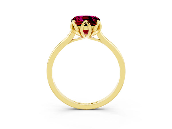 Yellow gold Cushion Cut Garnet Solitaire Ring with Flower Prong Setting and Classic Band