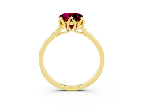 Yellow gold Cushion Cut Garnet Solitaire Ring with Flower Prong Setting and Classic Band_15