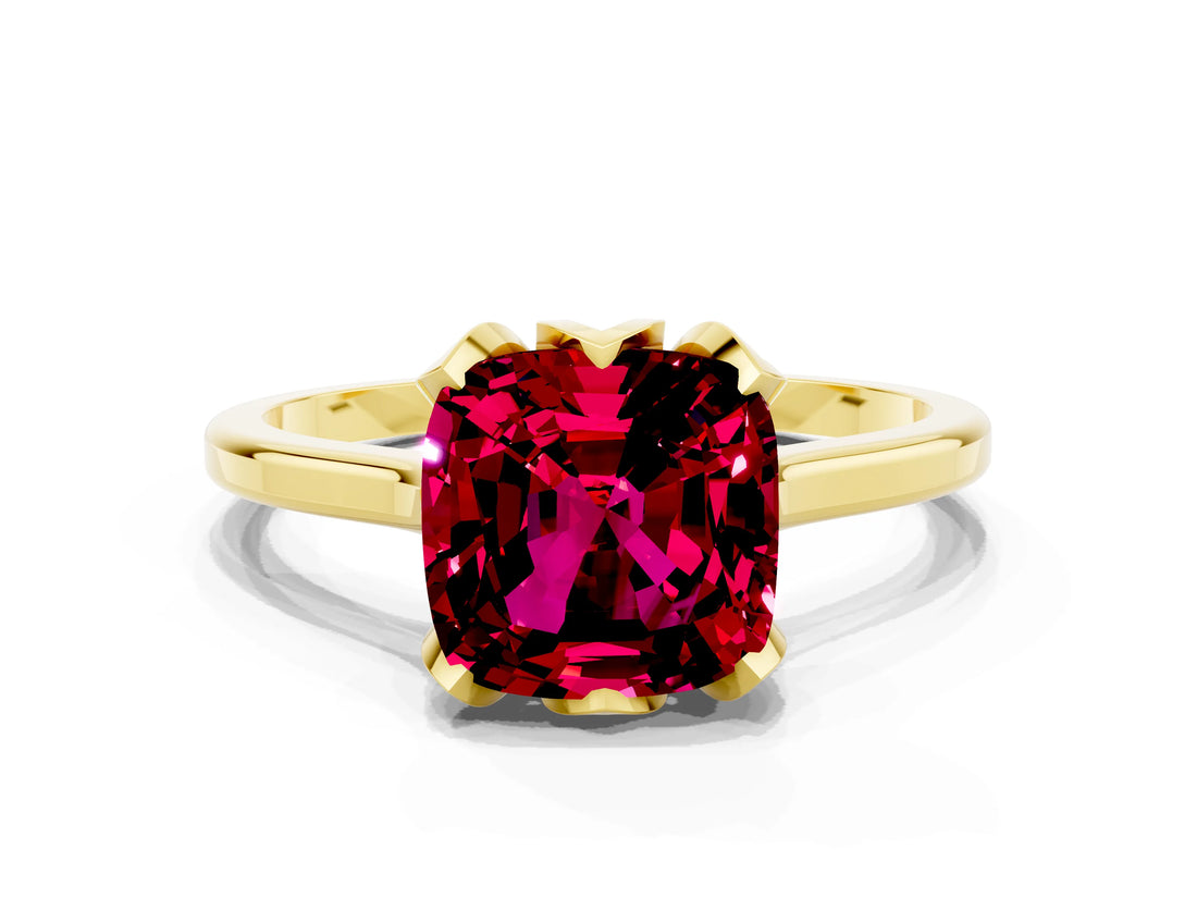 Yellow gold Cushion Cut Garnet Solitaire Ring with Flower Prong Setting and Classic Band_36