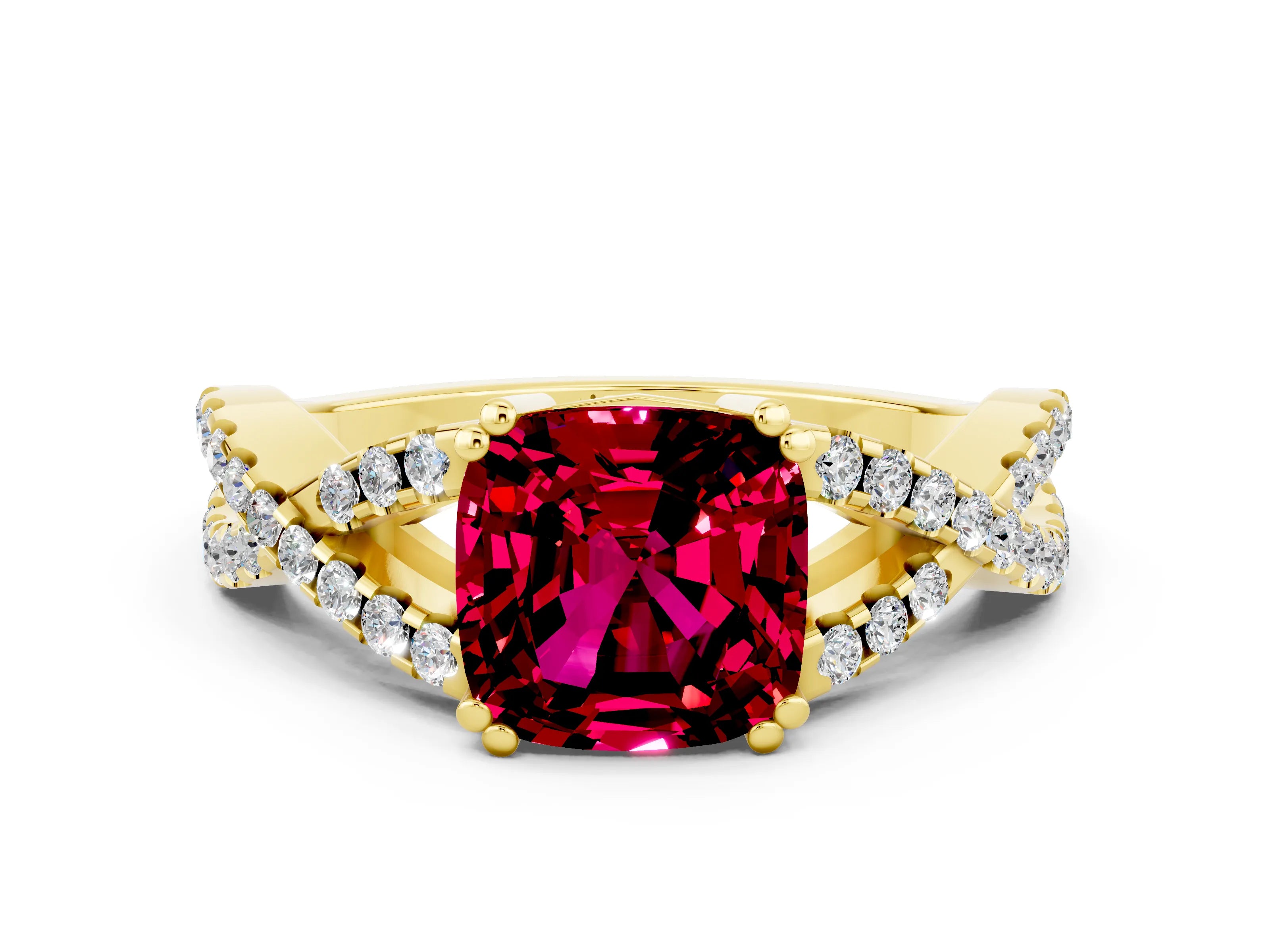 Yellow gold Cushion Cut Garnet Solitaire Ring with Four-Prong Setting and Twisted Pavé Band