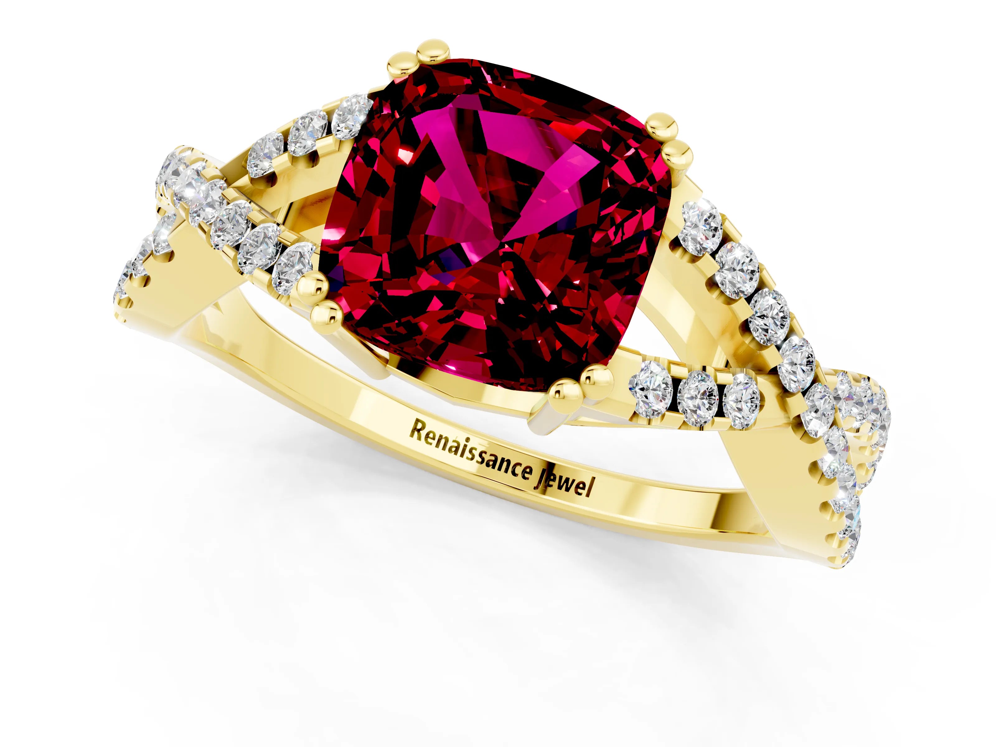 Yellow gold Cushion Cut Garnet Solitaire Ring with Four-Prong Setting and Twisted Pavé Band_1