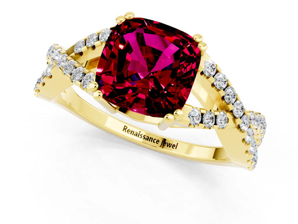 Yellow gold Cushion Cut Garnet Solitaire Ring with Four-Prong Setting and Twisted Pavé Band