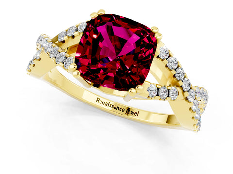 Yellow gold Cushion Cut Garnet Solitaire Ring with Four-Prong Setting and Twisted Pavé Band_1