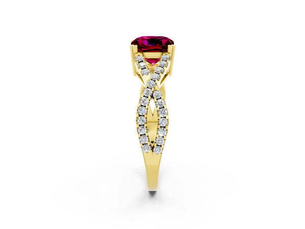 Yellow gold Cushion Cut Garnet Solitaire Ring with Four-Prong Setting and Twisted Pavé Band