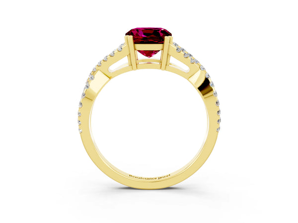 Yellow gold Cushion Cut Garnet Solitaire Ring with Four-Prong Setting and Twisted Pavé Band
