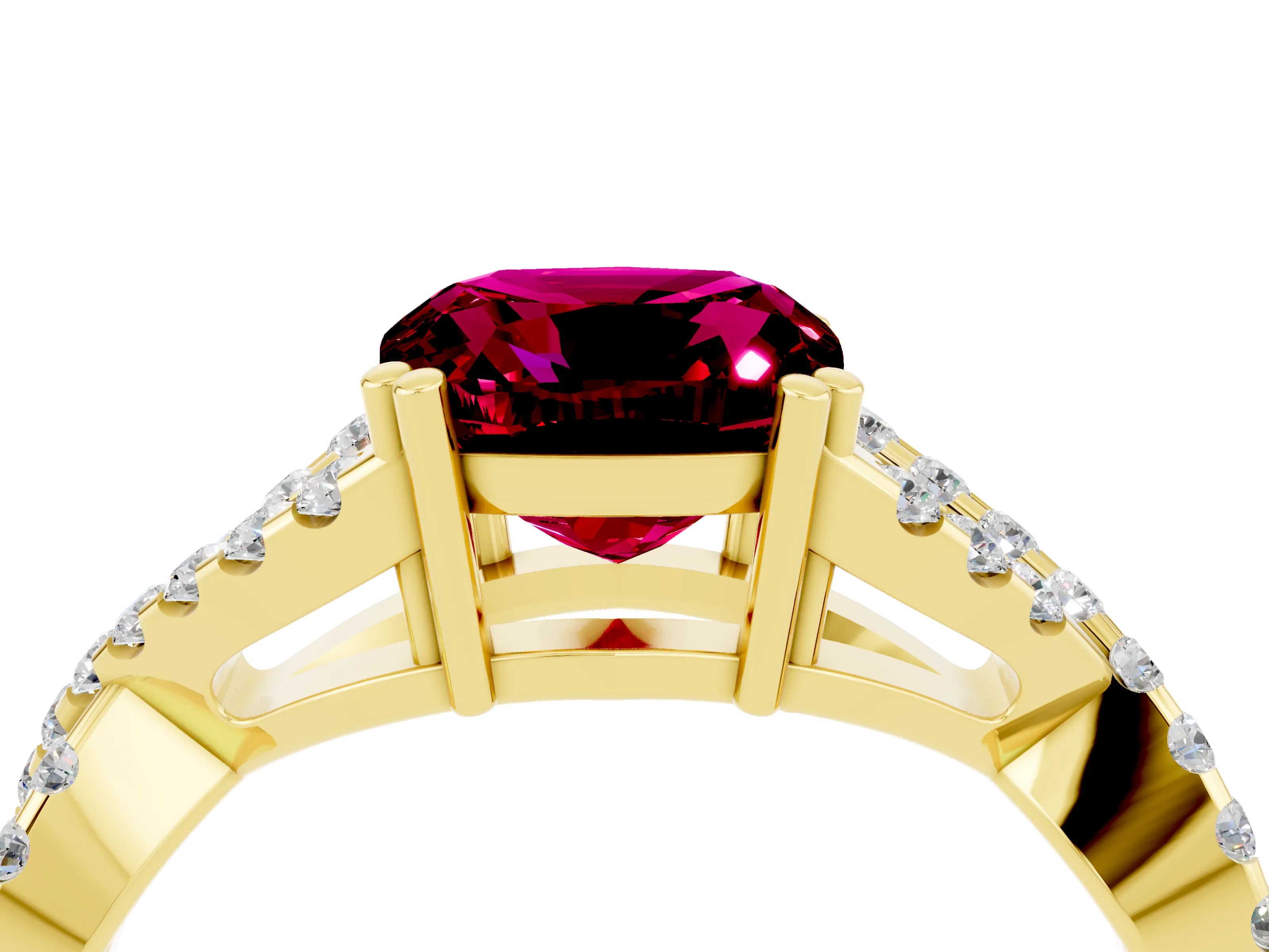 Yellow gold Cushion Cut Garnet Solitaire Ring with Four-Prong Setting and Twisted Pavé Band_4