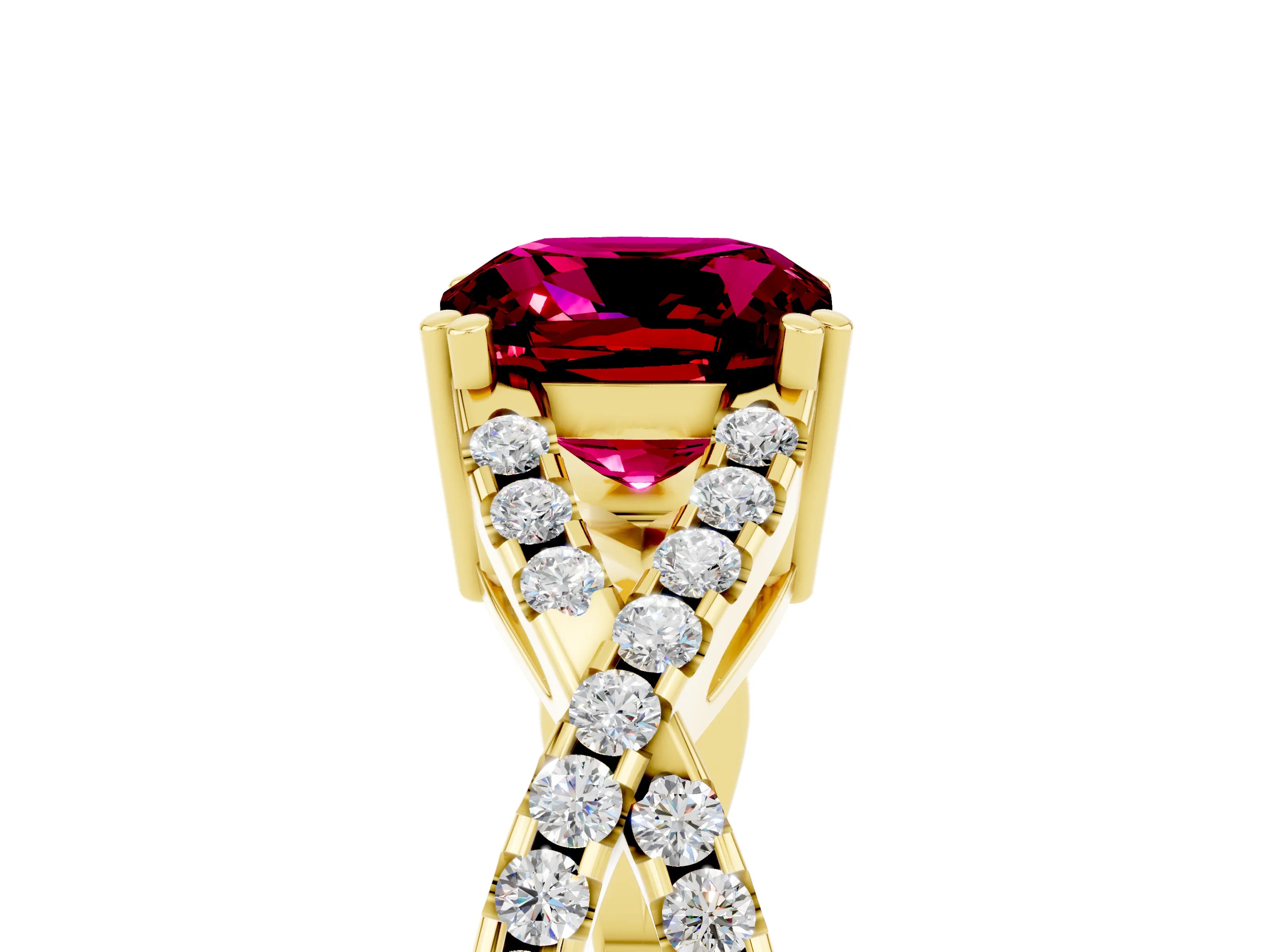 Yellow gold Cushion Cut Garnet Solitaire Ring with Four-Prong Setting and Twisted Pavé Band_5