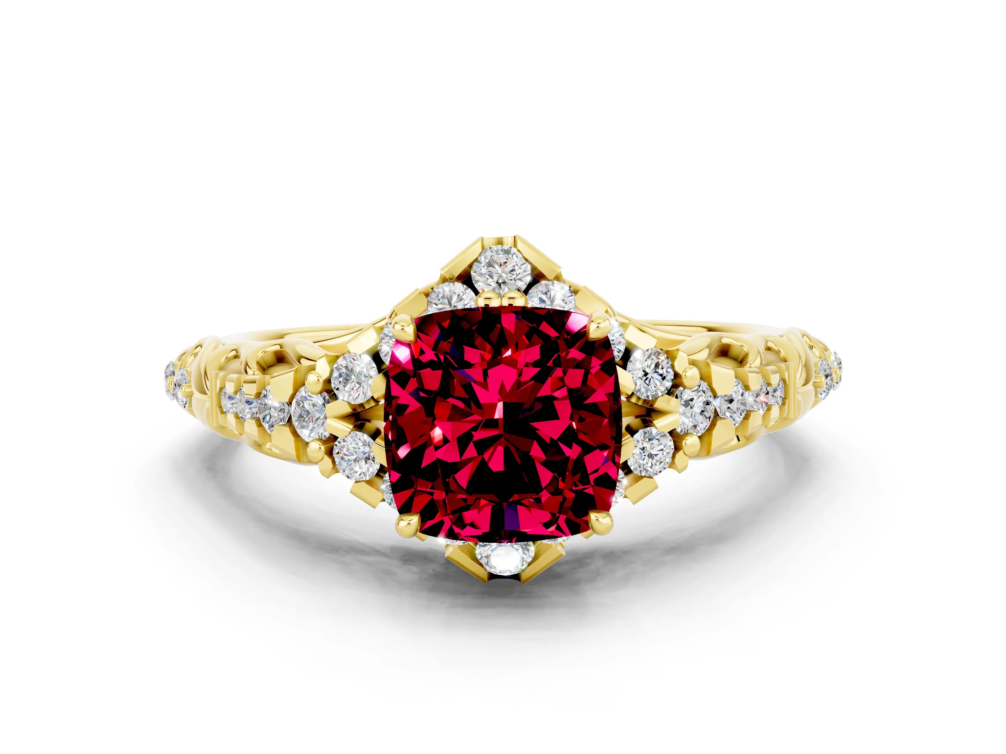 Yellow gold Cushion Cut Garnet Solitaire Ring with Hidden Halo and Pavé Band_12