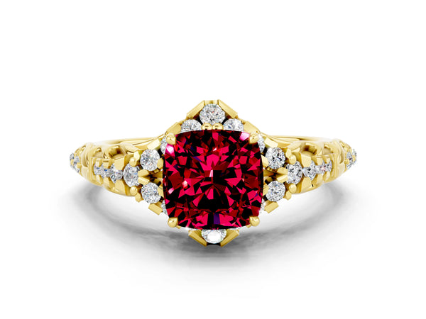 Yellow gold Cushion Cut Garnet Solitaire Ring with Hidden Halo and Pavé Band
