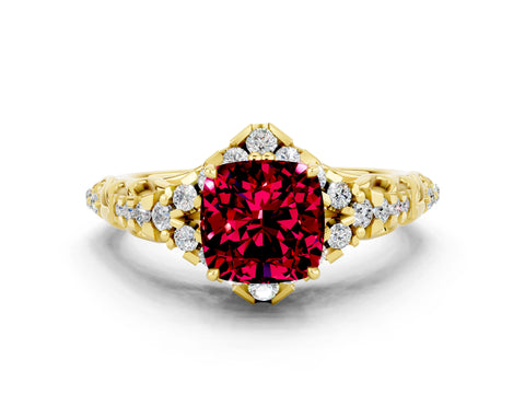 Yellow gold Cushion Cut Garnet Solitaire Ring with Hidden Halo and Pavé Band_12