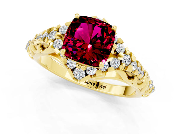 Yellow gold Cushion Cut Garnet Solitaire Ring with Hidden Halo and Pavé Band