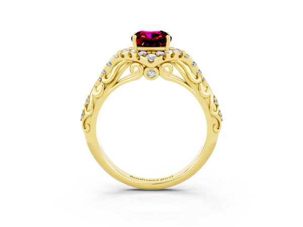 Yellow gold Cushion Cut Garnet Solitaire Ring with Hidden Halo and Pavé Band