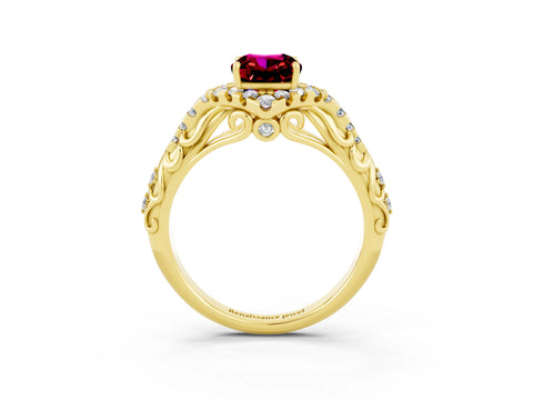 Yellow gold Cushion Cut Garnet Solitaire Ring with Hidden Halo and Pavé Band_15
