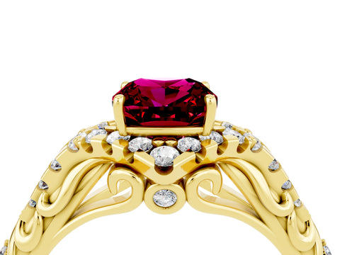 Yellow gold Cushion Cut Garnet Solitaire Ring with Hidden Halo and Pavé Band_16