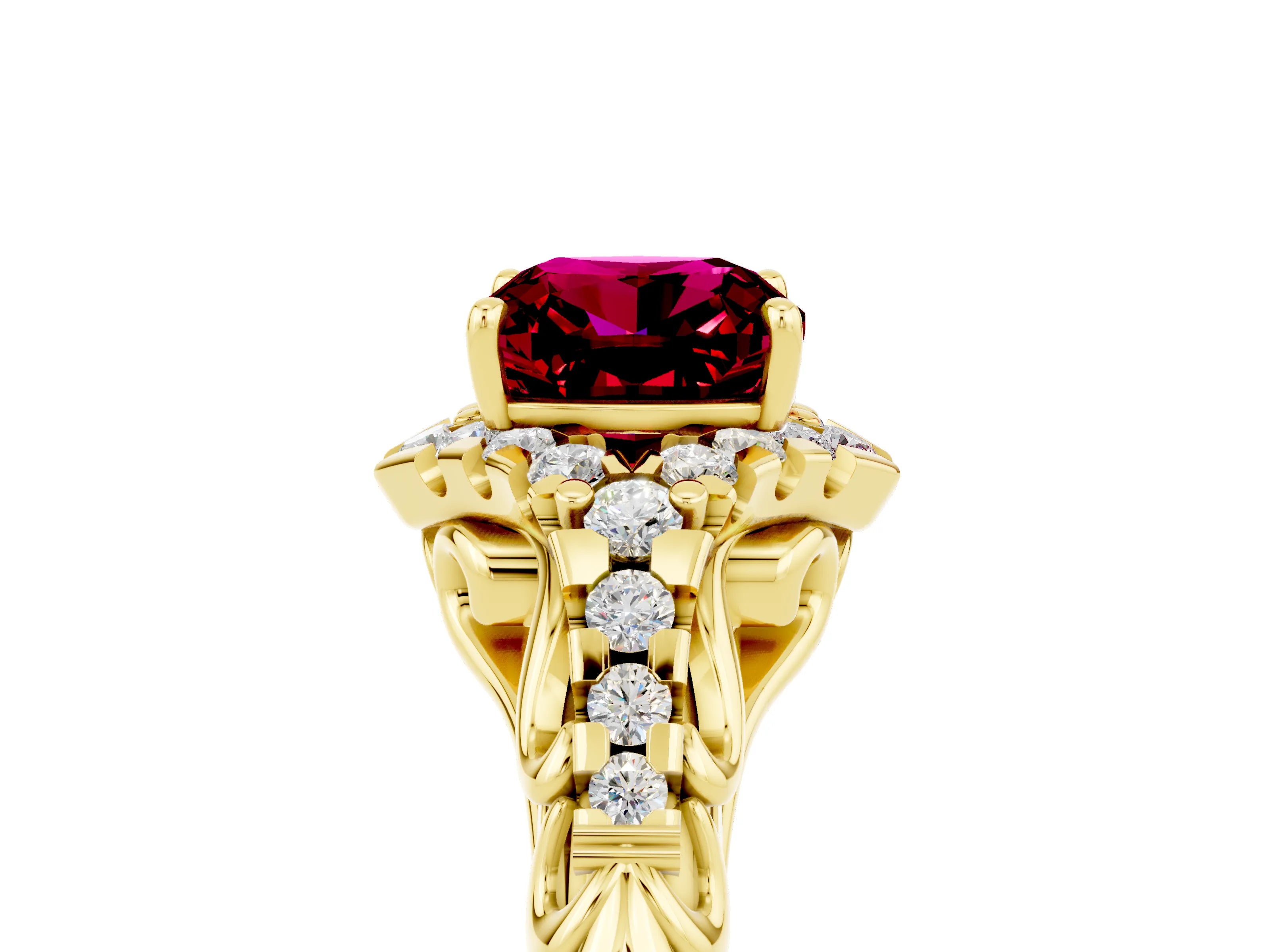 Yellow gold Cushion Cut Garnet Solitaire Ring with Hidden Halo and Pavé Band_17