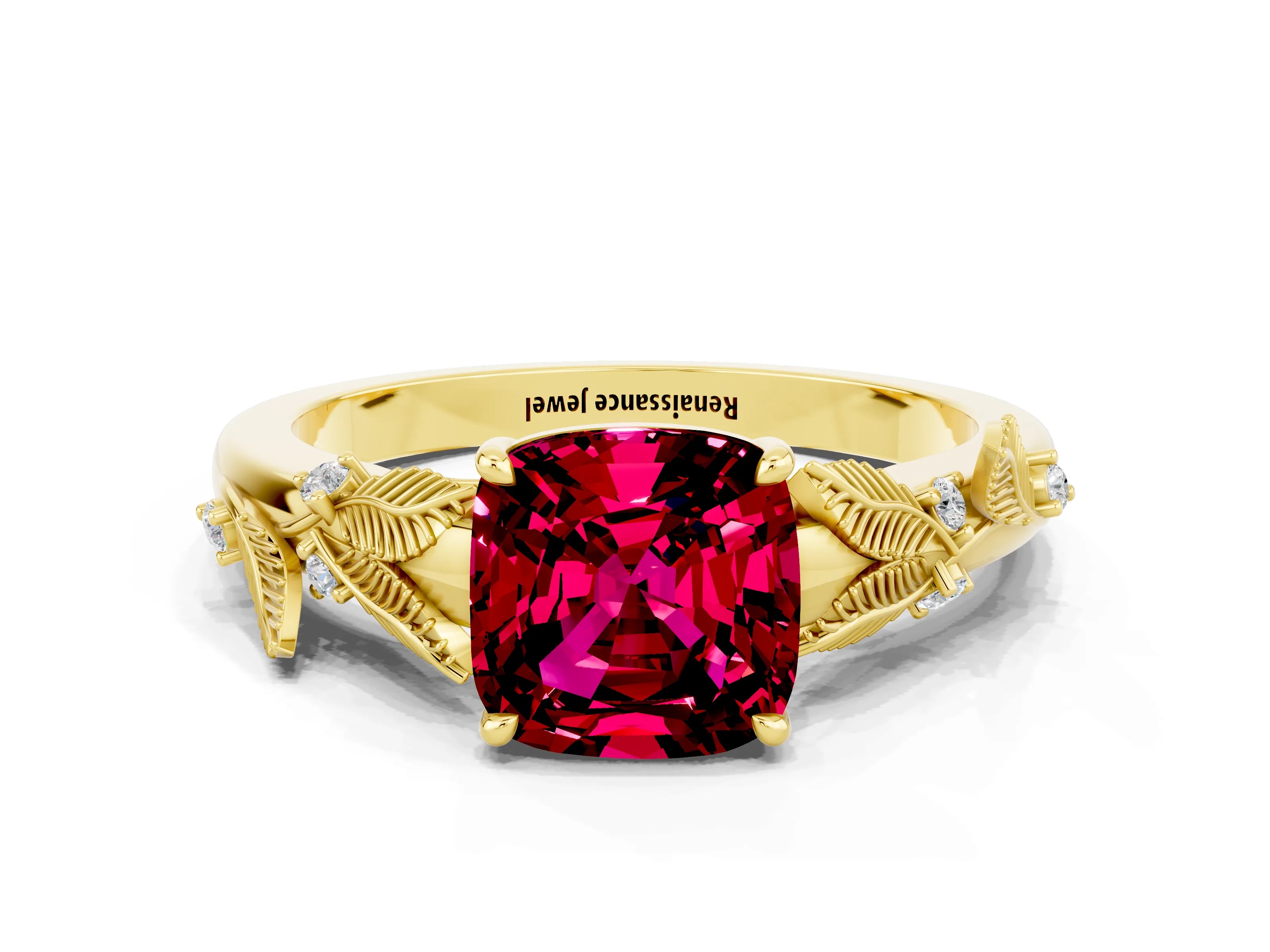 Yellow gold Cushion Cut Garnet Solitaire Ring with Leaf Motif Band and Four-Prong Setting