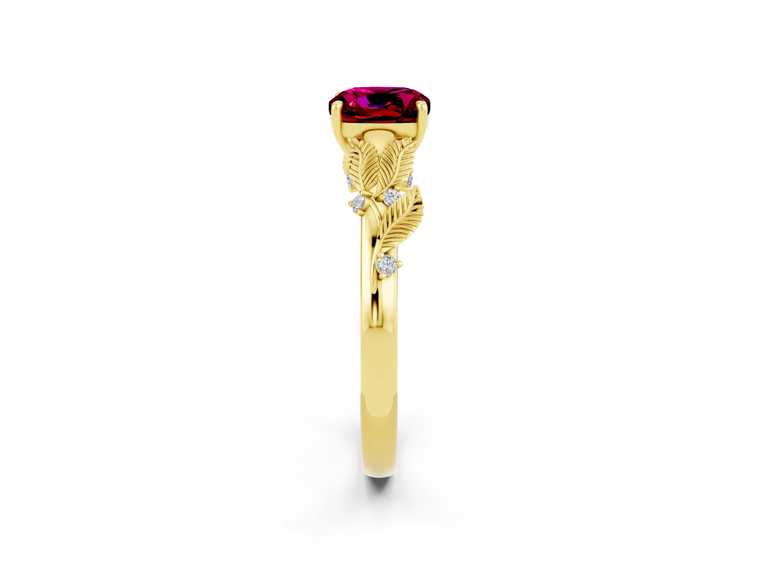 Yellow gold Cushion Cut Garnet Solitaire Ring with Leaf Motif Band and Four-Prong Setting_2
