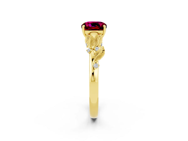 Yellow gold Cushion Cut Garnet Solitaire Ring with Leaf Motif Band and Four-Prong Setting