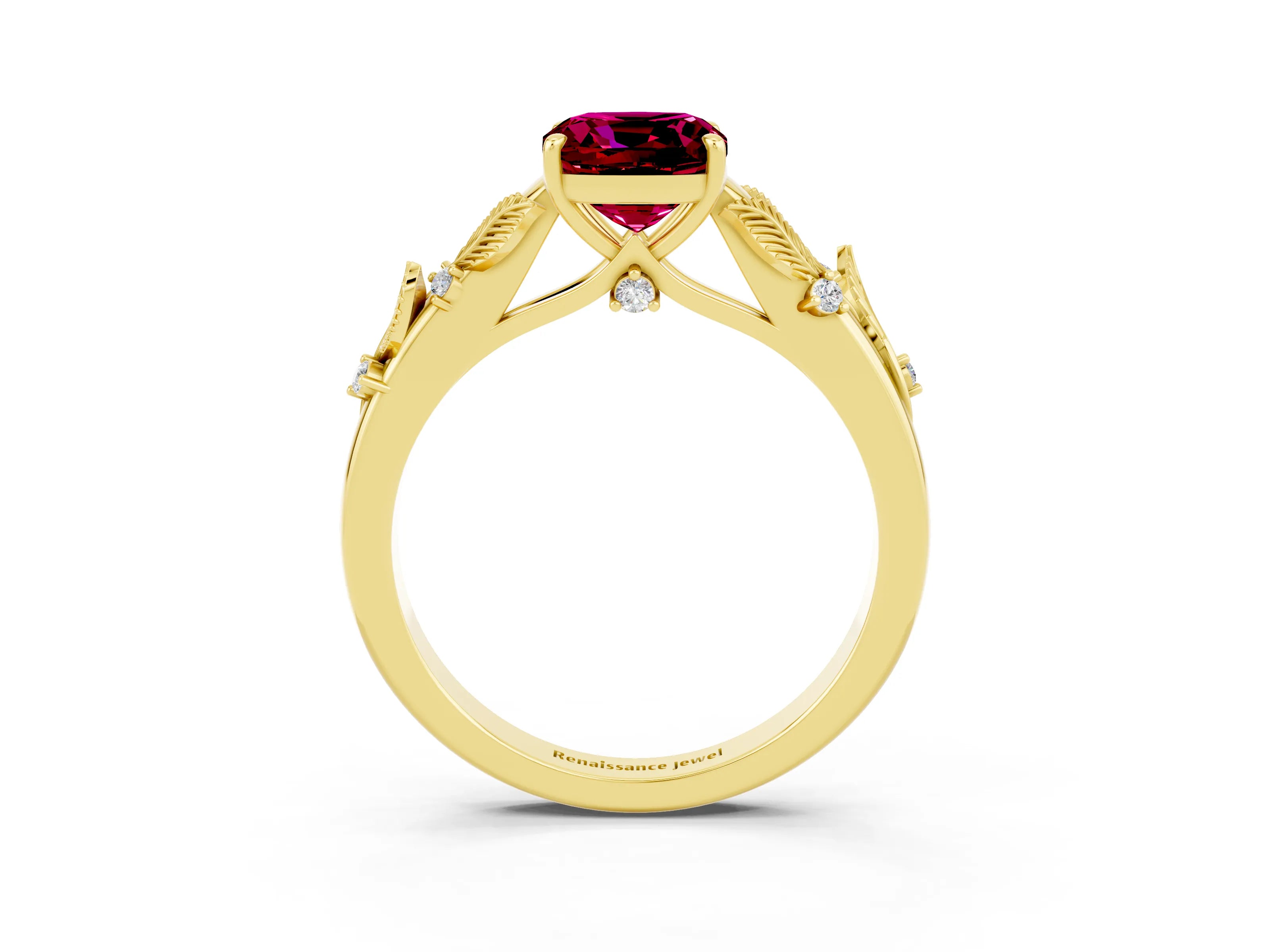 Yellow gold Cushion Cut Garnet Solitaire Ring with Leaf Motif Band and Four-Prong Setting_3
