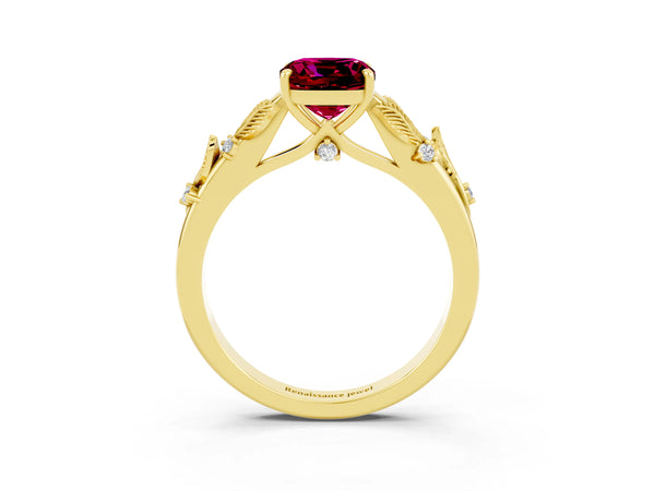 Yellow gold Cushion Cut Garnet Solitaire Ring with Leaf Motif Band and Four-Prong Setting
