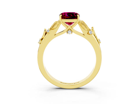Yellow gold Cushion Cut Garnet Solitaire Ring with Leaf Motif Band and Four-Prong Setting_3