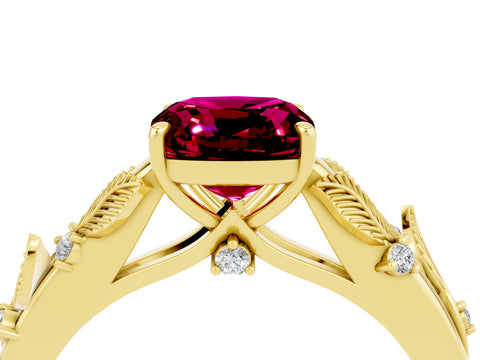 Yellow gold Cushion Cut Garnet Solitaire Ring with Leaf Motif Band and Four-Prong Setting_4