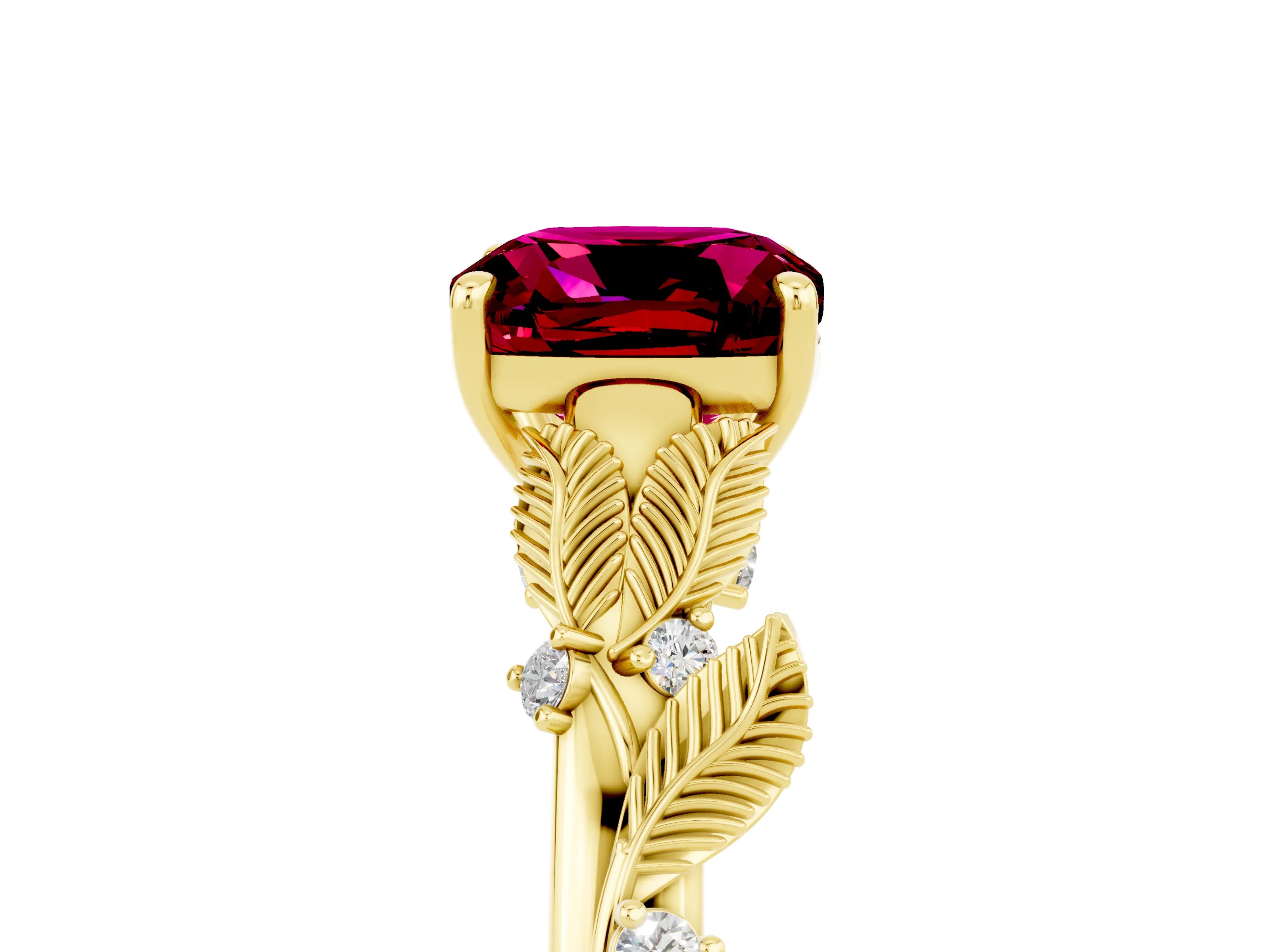 Yellow gold Cushion Cut Garnet Solitaire Ring with Leaf Motif Band and Four-Prong Setting_5