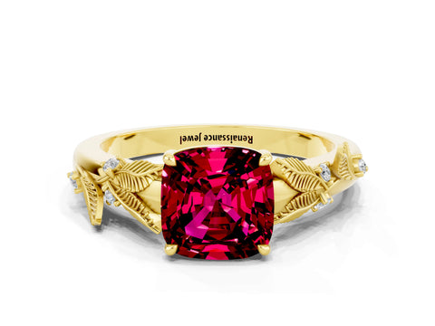 Yellow gold Cushion Cut Garnet Solitaire Ring with Leaf Motif Band and Four-Prong Setting