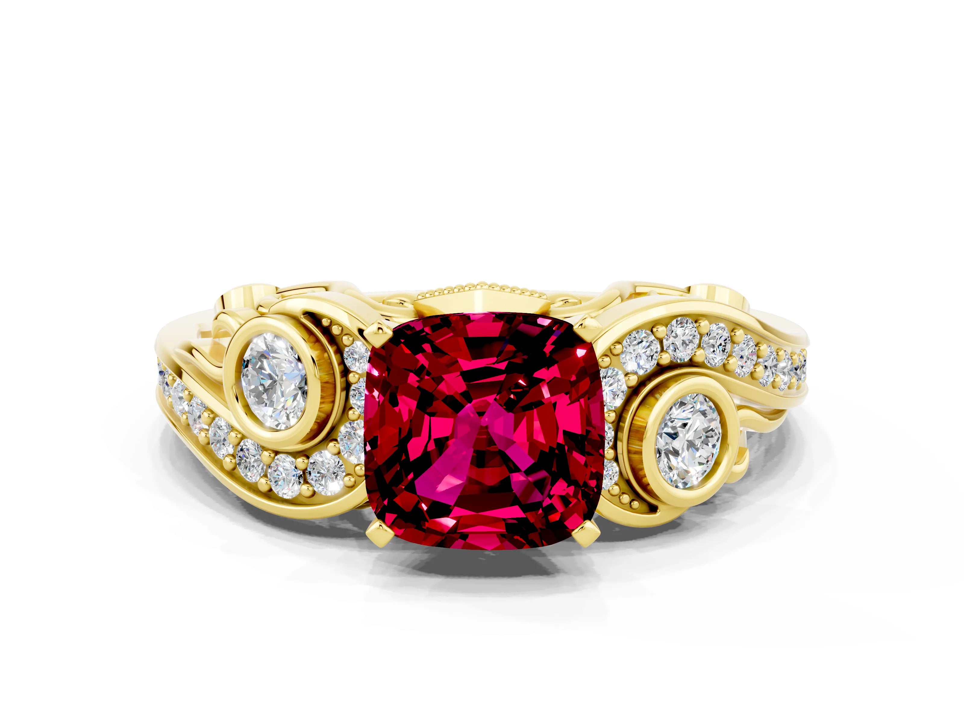 Yellow gold Cushion Cut Garnet Solitaire Ring with Milgrain Pavé Band and Four-Prong Setting_24