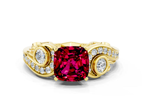 Yellow gold Cushion Cut Garnet Solitaire Ring with Milgrain Pavé Band and Four-Prong Setting_24