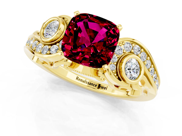 Yellow gold Cushion Cut Garnet Solitaire Ring with Milgrain Pavé Band and Four-Prong Setting