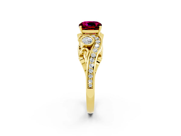 Yellow gold Cushion Cut Garnet Solitaire Ring with Milgrain Pavé Band and Four-Prong Setting