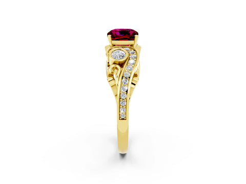 Yellow gold Cushion Cut Garnet Solitaire Ring with Milgrain Pavé Band and Four-Prong Setting_26