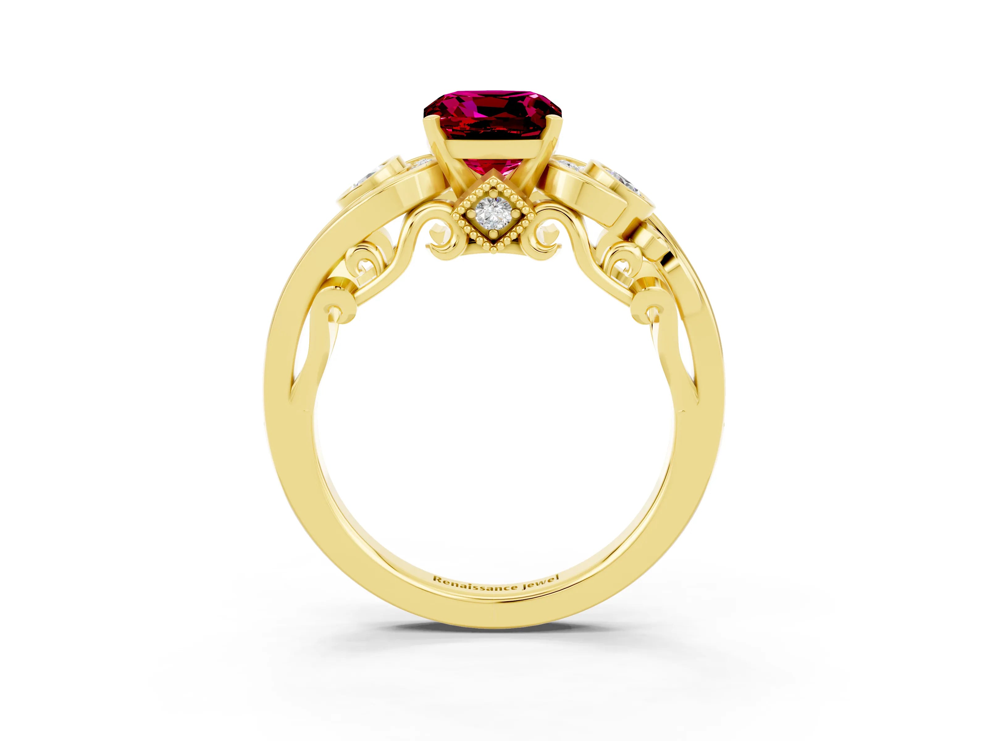 Yellow gold Cushion Cut Garnet Solitaire Ring with Milgrain Pavé Band and Four-Prong Setting_27