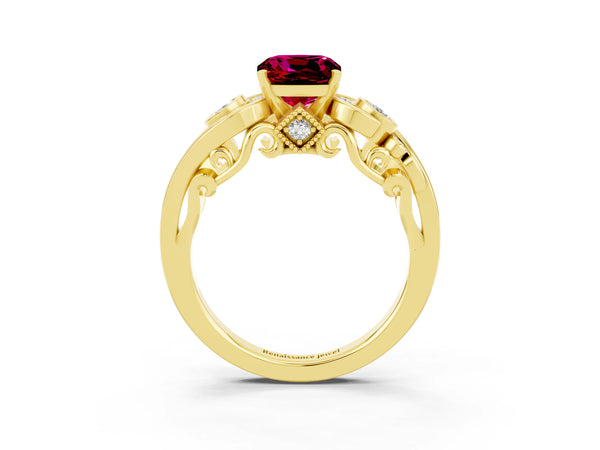 Yellow gold Cushion Cut Garnet Solitaire Ring with Milgrain Pavé Band and Four-Prong Setting