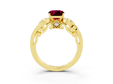 Yellow gold Cushion Cut Garnet Solitaire Ring with Milgrain Pavé Band and Four-Prong Setting_27