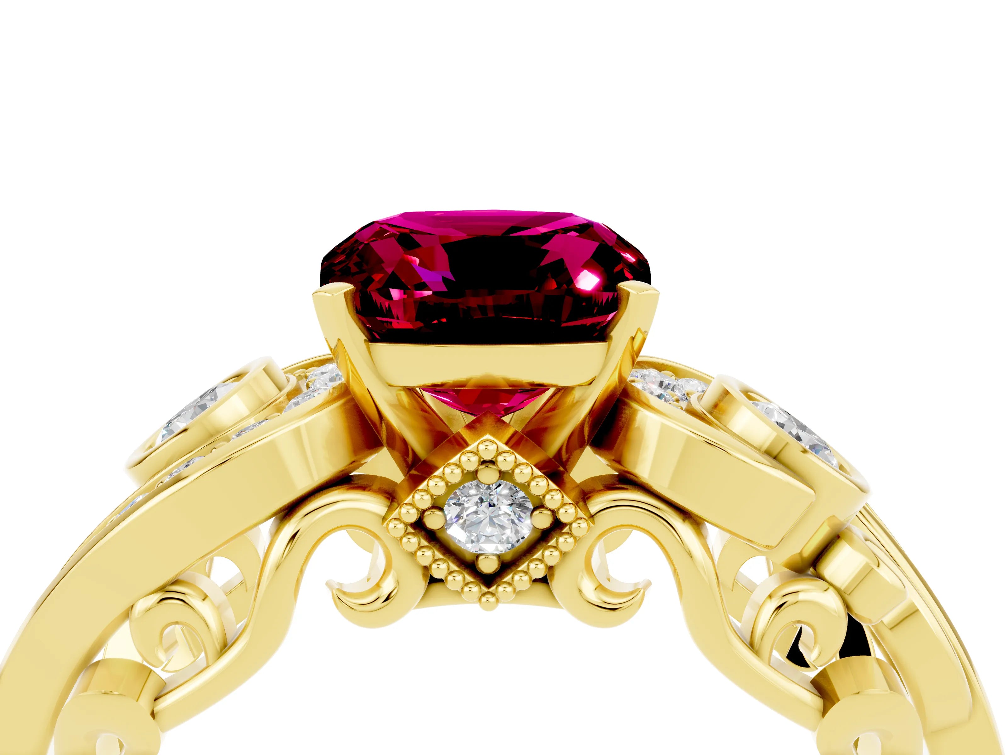 Yellow gold Cushion Cut Garnet Solitaire Ring with Milgrain Pavé Band and Four-Prong Setting_28